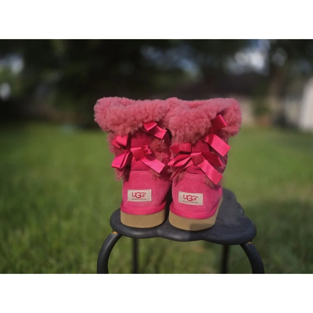 UGG Kids Bailey Bow II Pink Suede Shearling Boots Girls